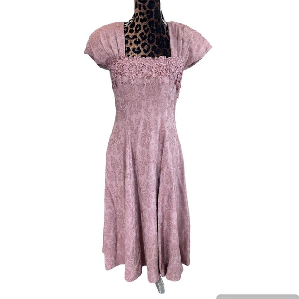 Vtg Carole Little Cottage Prairie Dusty Pink Jacquard Dress Sz 4 Fabric France